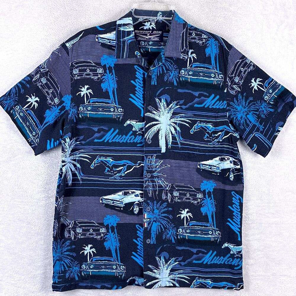 VTG Ford Mustang Hawaiian Shirt Mens M Blue Rayon Palm AOP Aloha Tropical Beach